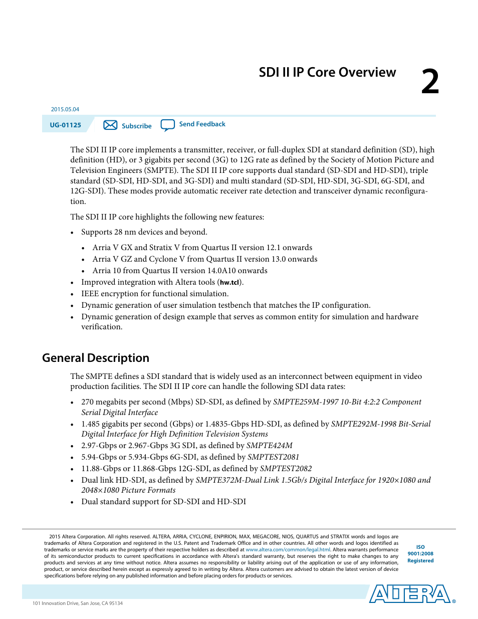 Sdi ii ip core overview, General description, Sdi ii ip core overview -1 | General description -1 | Altera SDI II MegaCore User Manual | Page 6 / 89