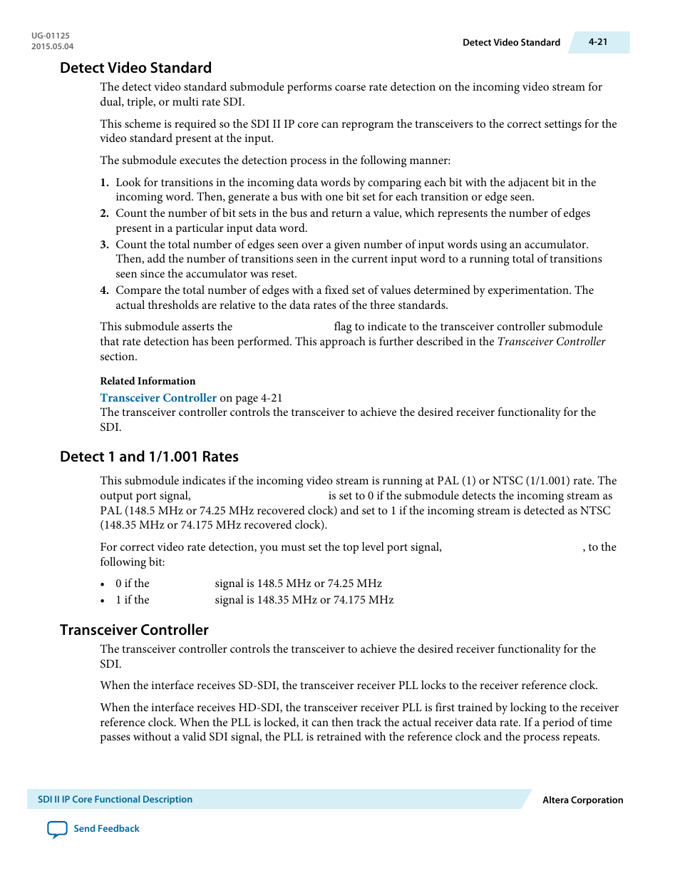 Detect video standard, Detect 1 and 1/1.001 rates, Transceiver controller | Detect video standard -21, Detect 1 and 1/1.001 rates -21, Transceiver controller -21 | Altera SDI II MegaCore User Manual | Page 63 / 89