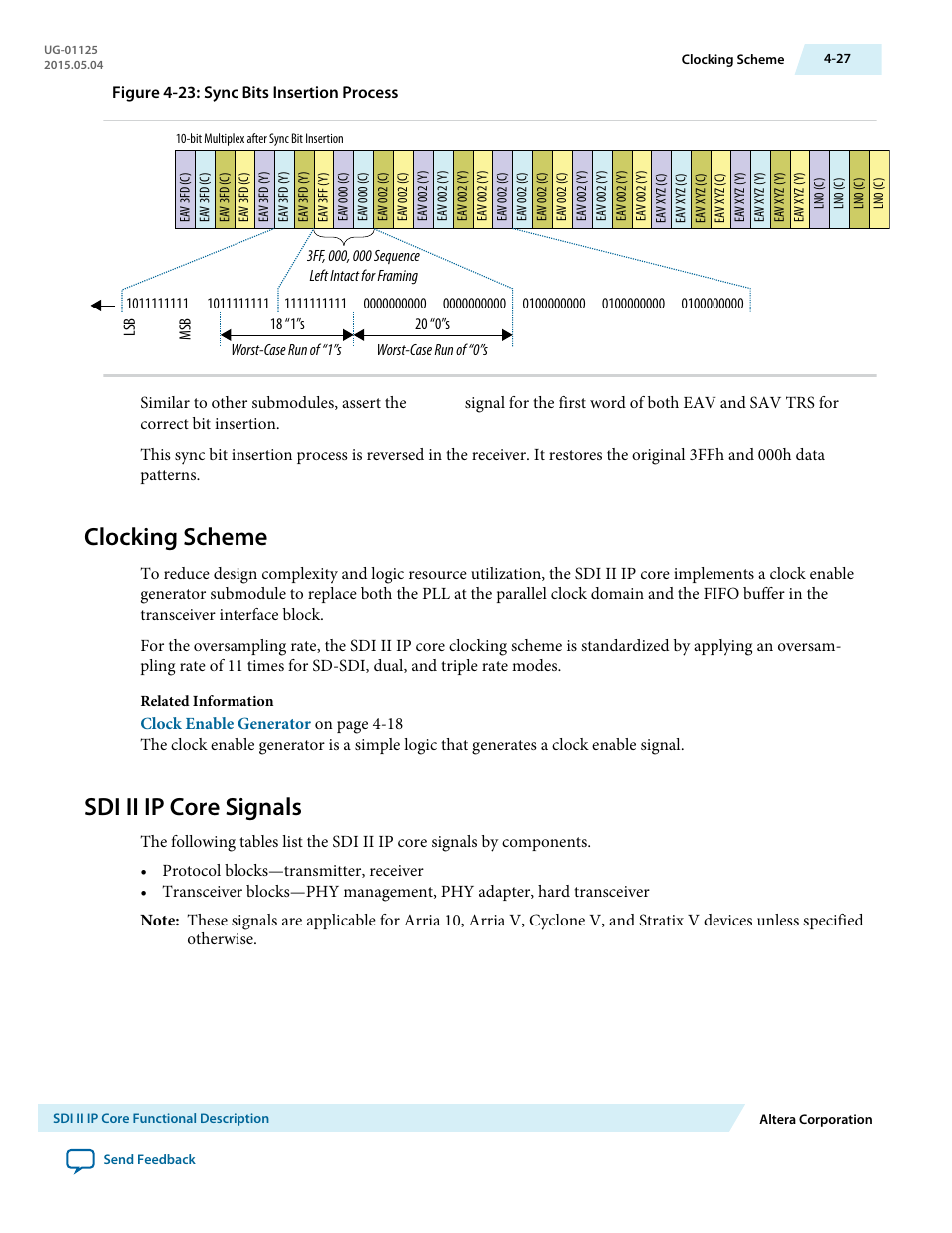 Clocking scheme, Sdi ii ip core signals, Clocking scheme -27 | Sdi ii ip core signals -27 | Altera SDI II MegaCore User Manual | Page 69 / 89