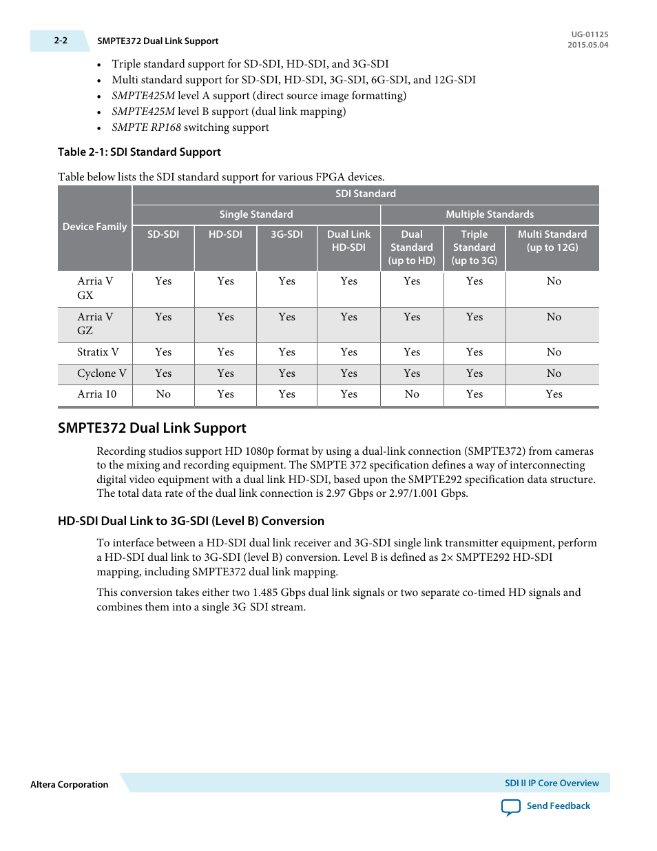 Smpte372 dual link support, Hd-sdi dual link to 3g-sdi (level b) conversion, Smpte372 dual link support -2 | Altera SDI II MegaCore User Manual | Page 7 / 89
