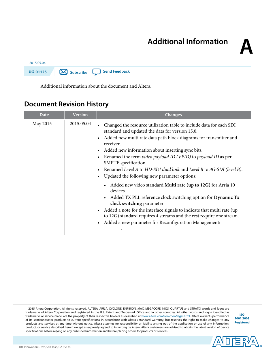 A. additional information, Document revision history, Additional information | Altera SDI II MegaCore User Manual | Page 87 / 89