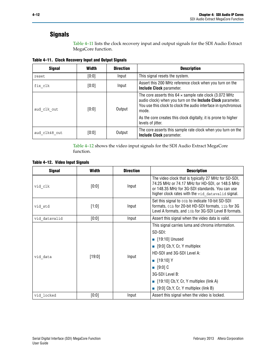 Signals, Signals –12 | Altera Serial Digital Interface (SDI) MegaCore Function User Manual | Page 100 / 140
