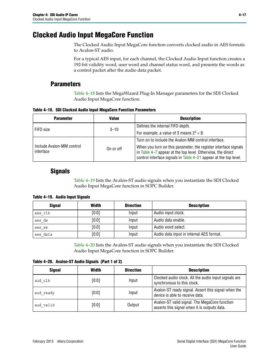 Clocked audio input megacore function, Parameters, Signals | Clocked audio input megacore function –17, Parameters –17 signals –17 | Altera Serial Digital Interface (SDI) MegaCore Function User Manual | Page 105 / 140