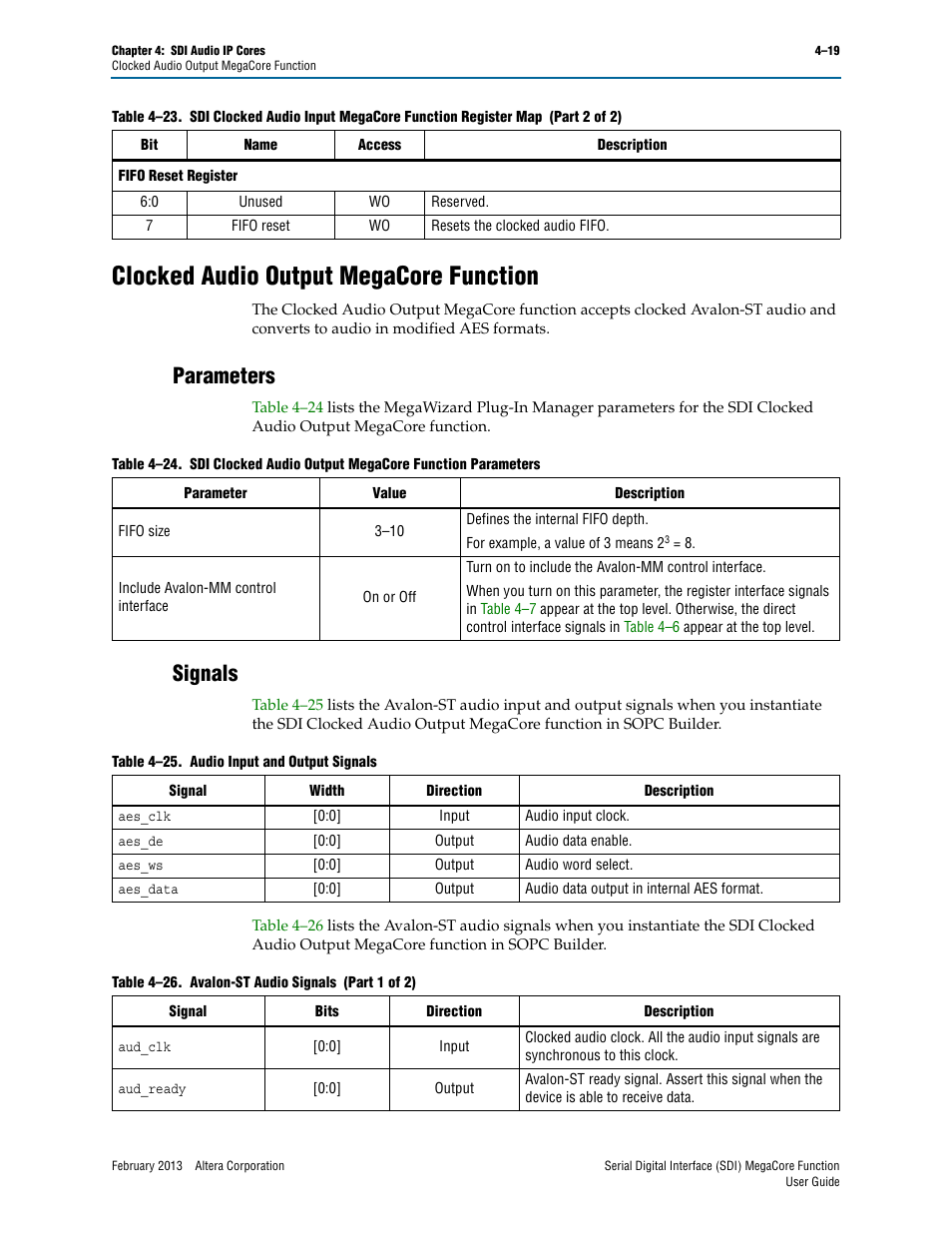 Clocked audio output megacore function, Parameters, Signals | Clocked audio output megacore function –19, Parameters –19 signals –19 | Altera Serial Digital Interface (SDI) MegaCore Function User Manual | Page 107 / 140