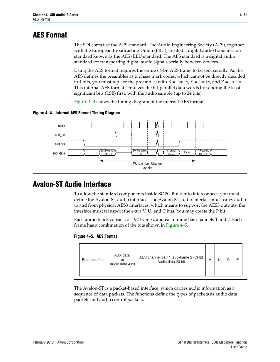 Aes format, Avalon-st audio interface, Aes format –21 avalon-st audio interface –21 | Altera Serial Digital Interface (SDI) MegaCore Function User Manual | Page 109 / 140