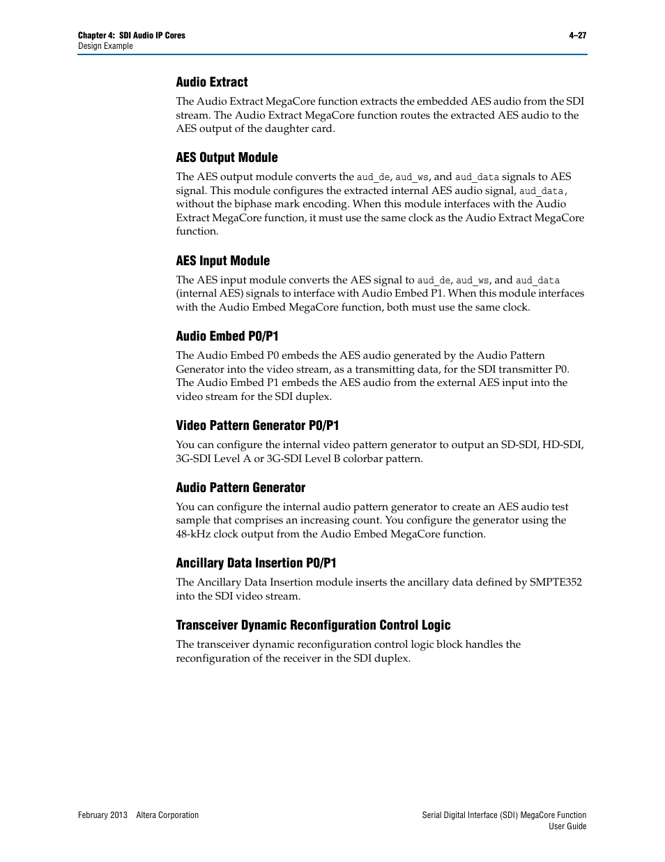 Audio extract, Aes output module, Aes input module | Audio embed p0/p1, Video pattern generator p0/p1, Audio pattern generator, Ancillary data insertion p0/p1, Transceiver dynamic reconfiguration control logic | Altera Serial Digital Interface (SDI) MegaCore Function User Manual | Page 115 / 140