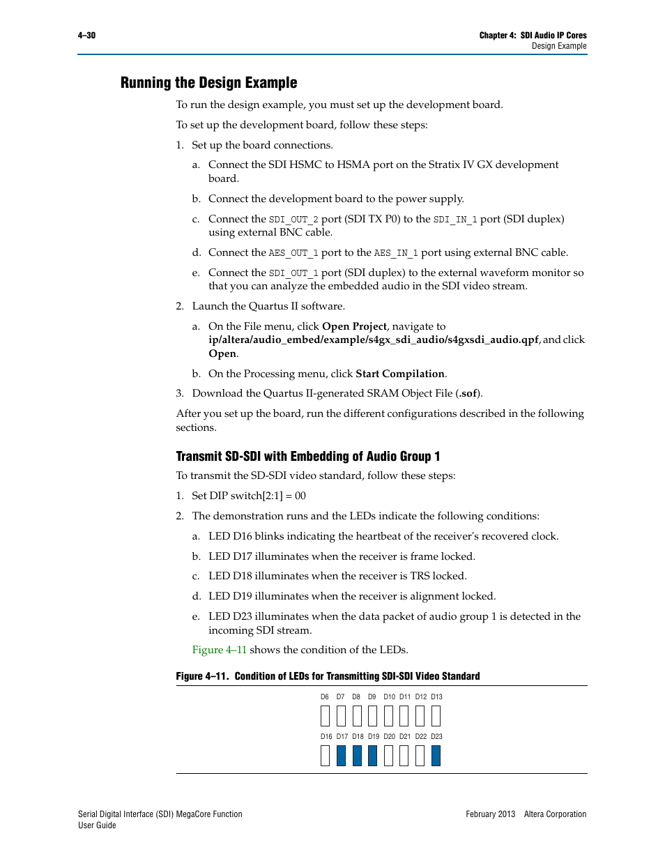 Running the design example, Transmit sd-sdi with embedding of audio group 1, Running the design example –30 | Altera Serial Digital Interface (SDI) MegaCore Function User Manual | Page 118 / 140