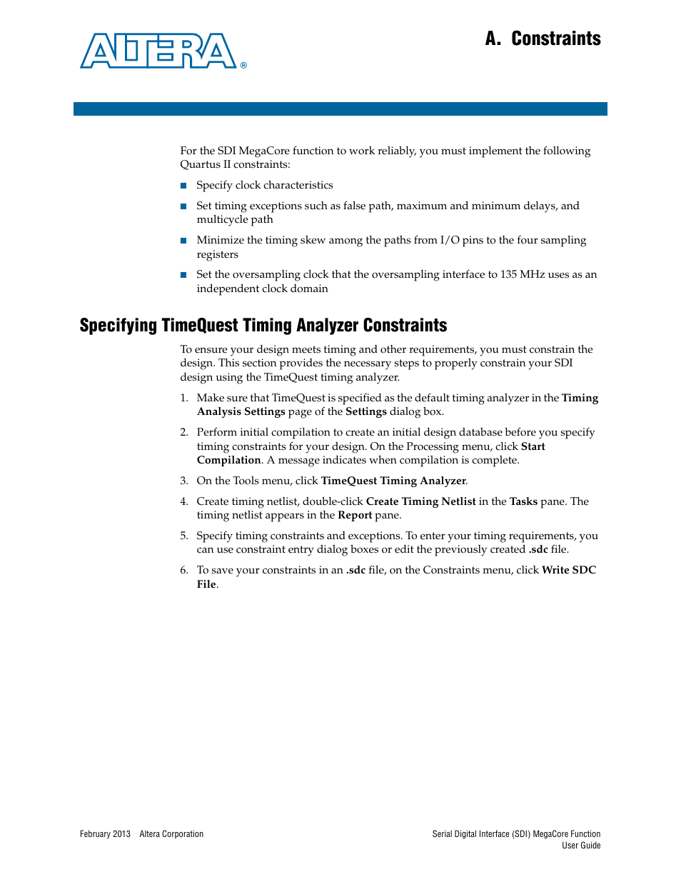A. constraints, Specifying timequest timing analyzer constraints, Appendix a. constraints | R to, Constraints” on | Altera Serial Digital Interface (SDI) MegaCore Function User Manual | Page 123 / 140