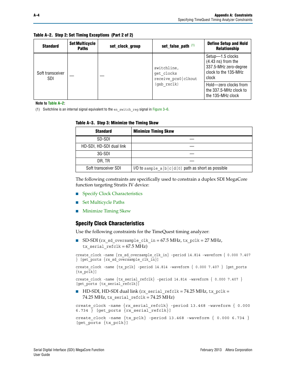 Specify clock characteristics, Table a–3 | Altera Serial Digital Interface (SDI) MegaCore Function User Manual | Page 126 / 140