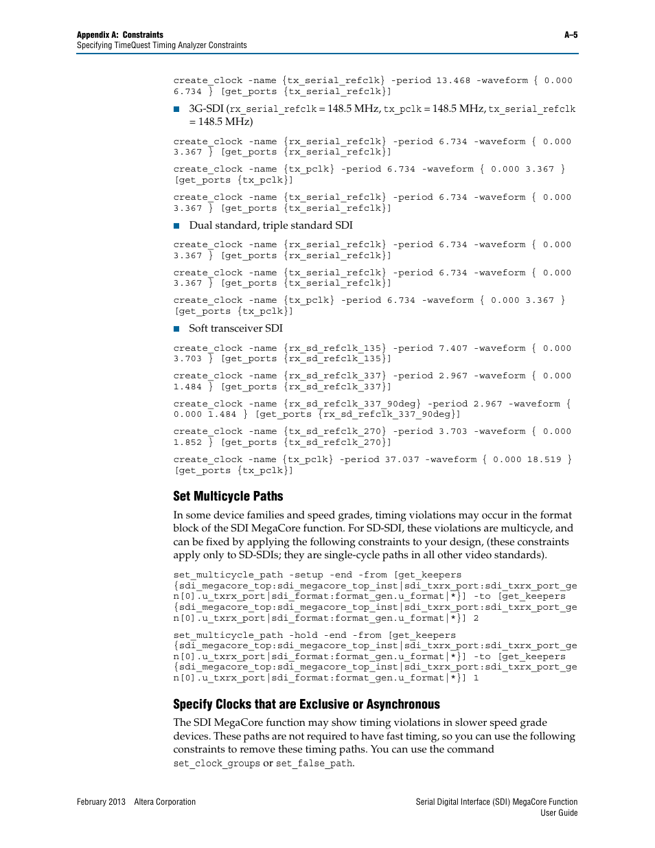 Set multicycle paths, Specify clocks that are exclusive or asynchronous | Altera Serial Digital Interface (SDI) MegaCore Function User Manual | Page 127 / 140
