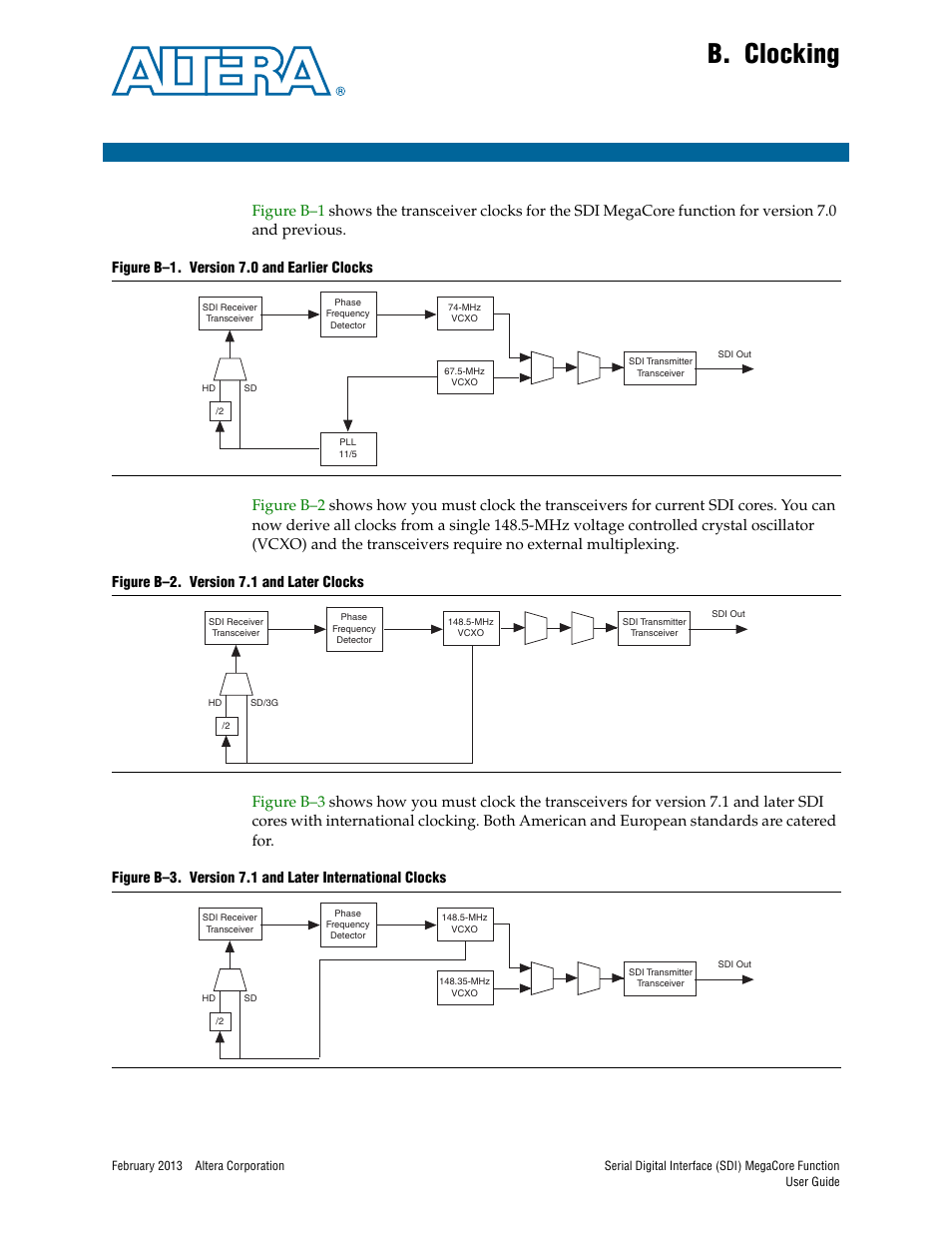 B. clocking, Appendix b. clocking | Altera Serial Digital Interface (SDI) MegaCore Function User Manual | Page 133 / 140
