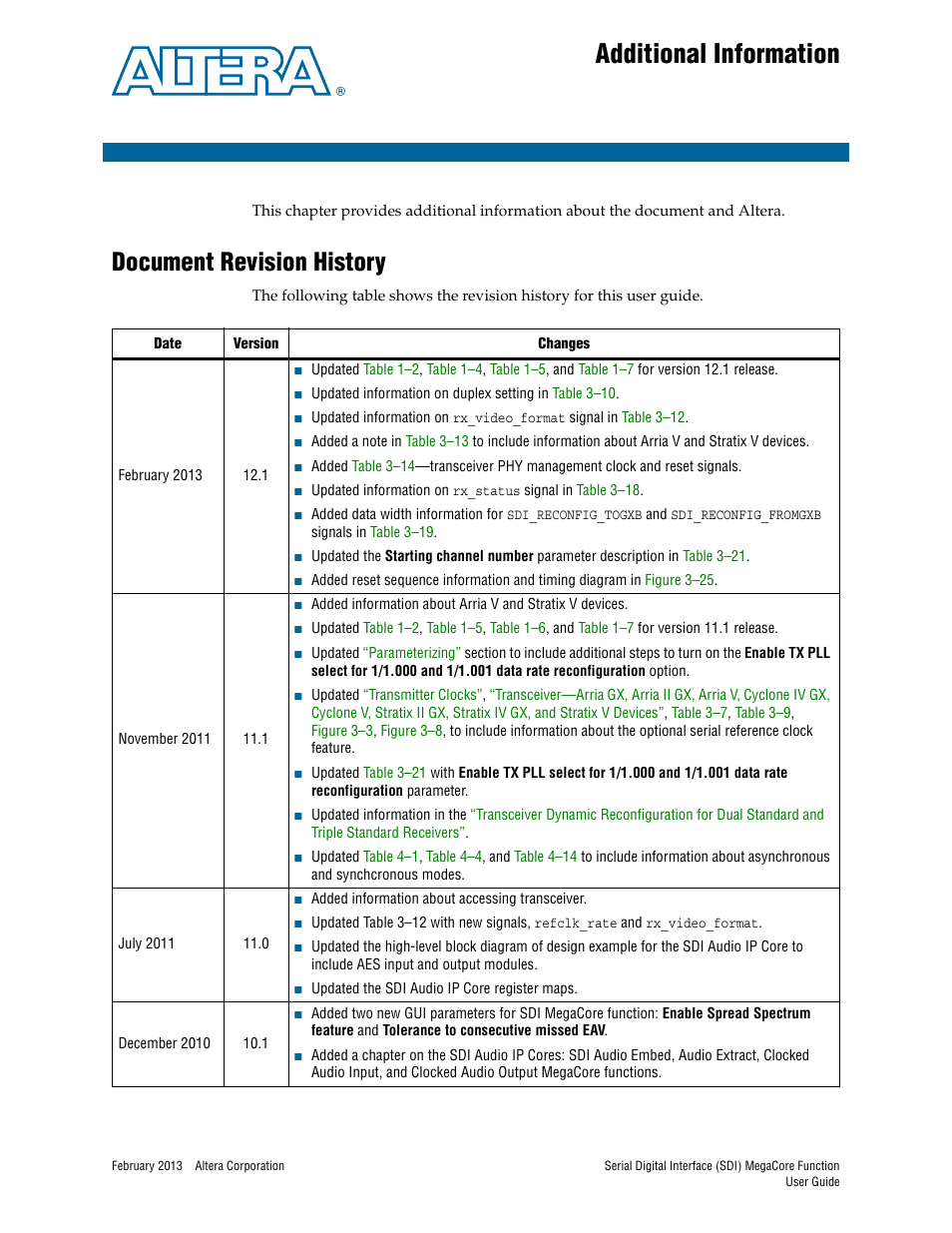Additional information, Document revision history | Altera Serial Digital Interface (SDI) MegaCore Function User Manual | Page 137 / 140