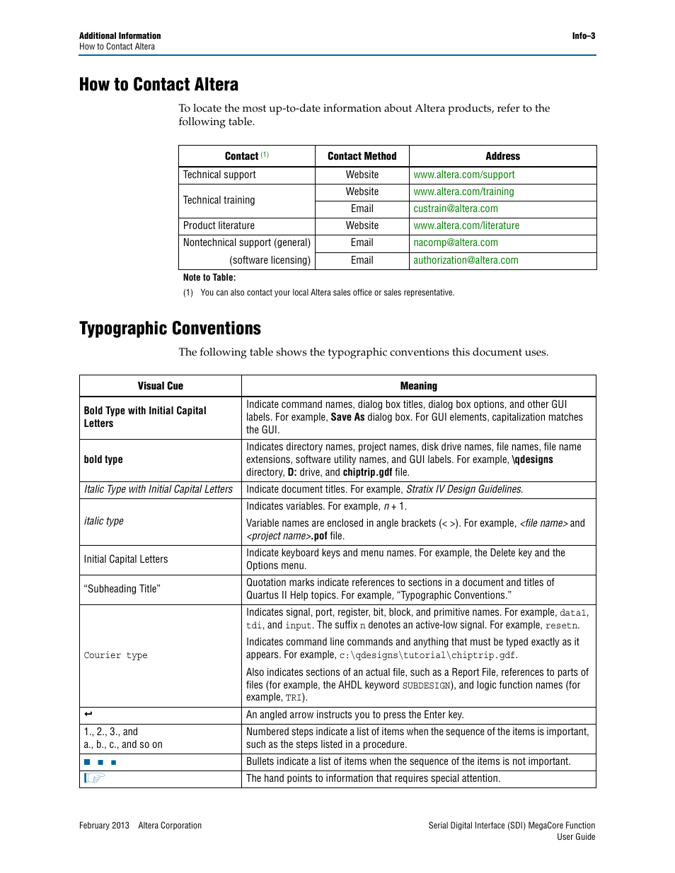 How to contact altera, Typographic conventions | Altera Serial Digital Interface (SDI) MegaCore Function User Manual | Page 139 / 140