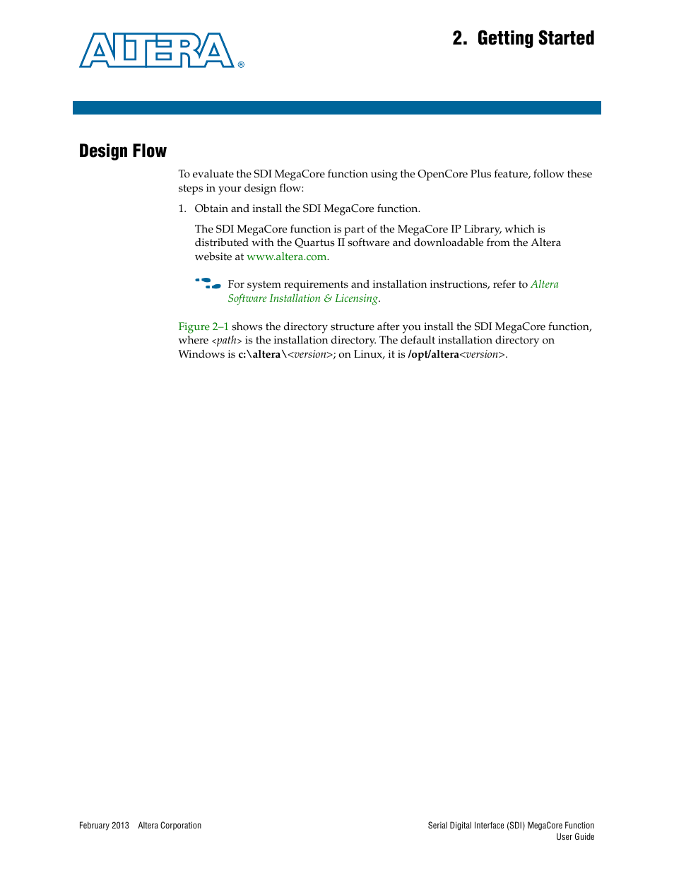 Getting started, Design flow, Chapter 2. getting started | Design flow –1 | Altera Serial Digital Interface (SDI) MegaCore Function User Manual | Page 15 / 140