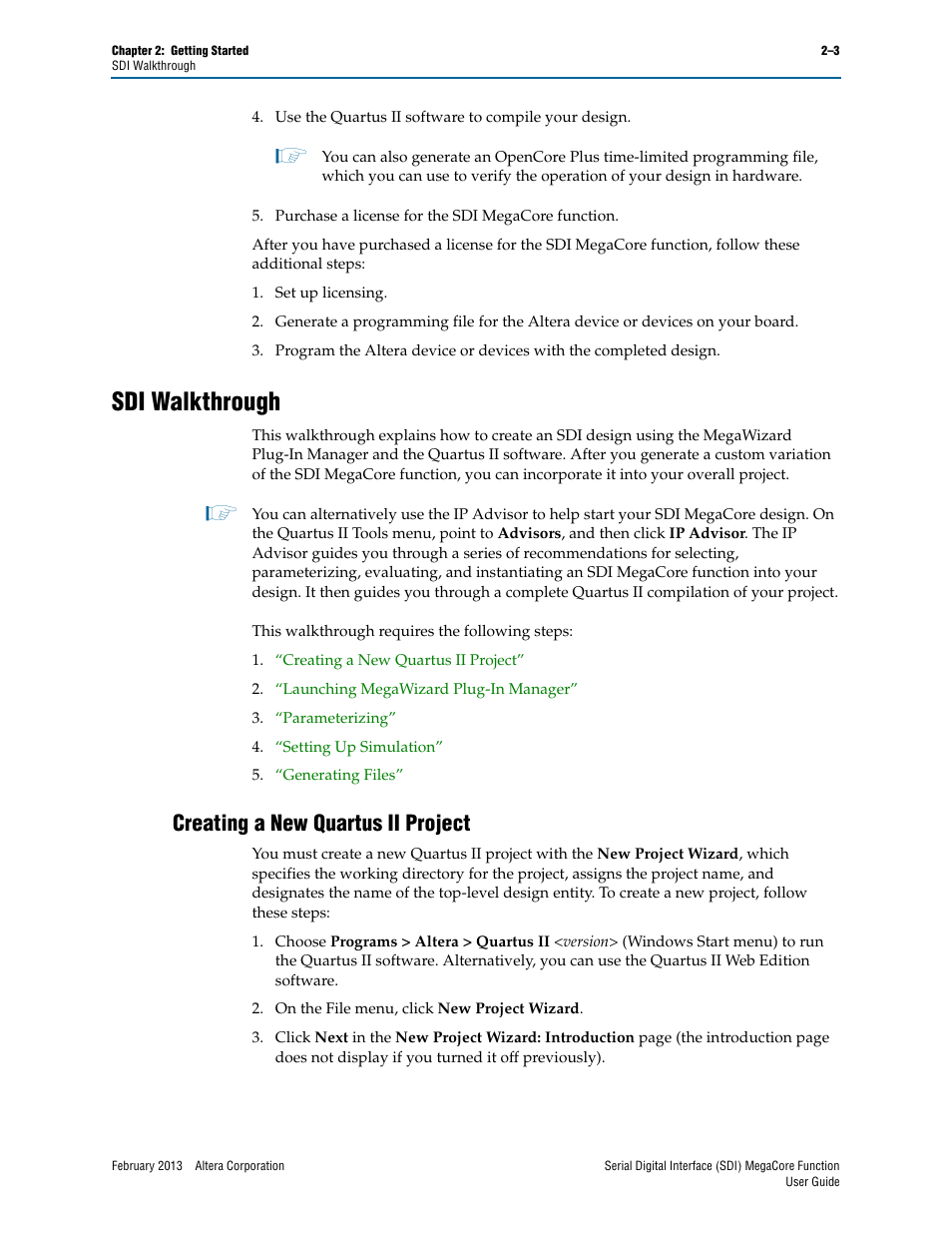 Sdi walkthrough, Creating a new quartus ii project, Sdi walkthrough –3 | Creating a new quartus ii project –3 | Altera Serial Digital Interface (SDI) MegaCore Function User Manual | Page 17 / 140