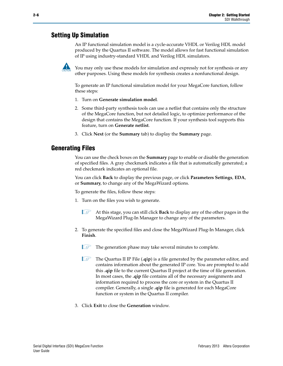 Setting up simulation, Generating files, Setting up simulation –6 generating files –6 | Altera Serial Digital Interface (SDI) MegaCore Function User Manual | Page 20 / 140