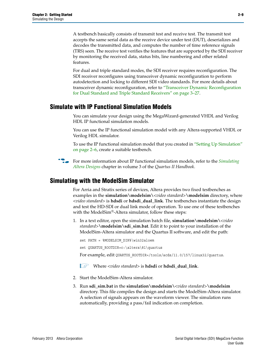Simulate with ip functional simulation models, Simulating with the modelsim simulator | Altera Serial Digital Interface (SDI) MegaCore Function User Manual | Page 23 / 140