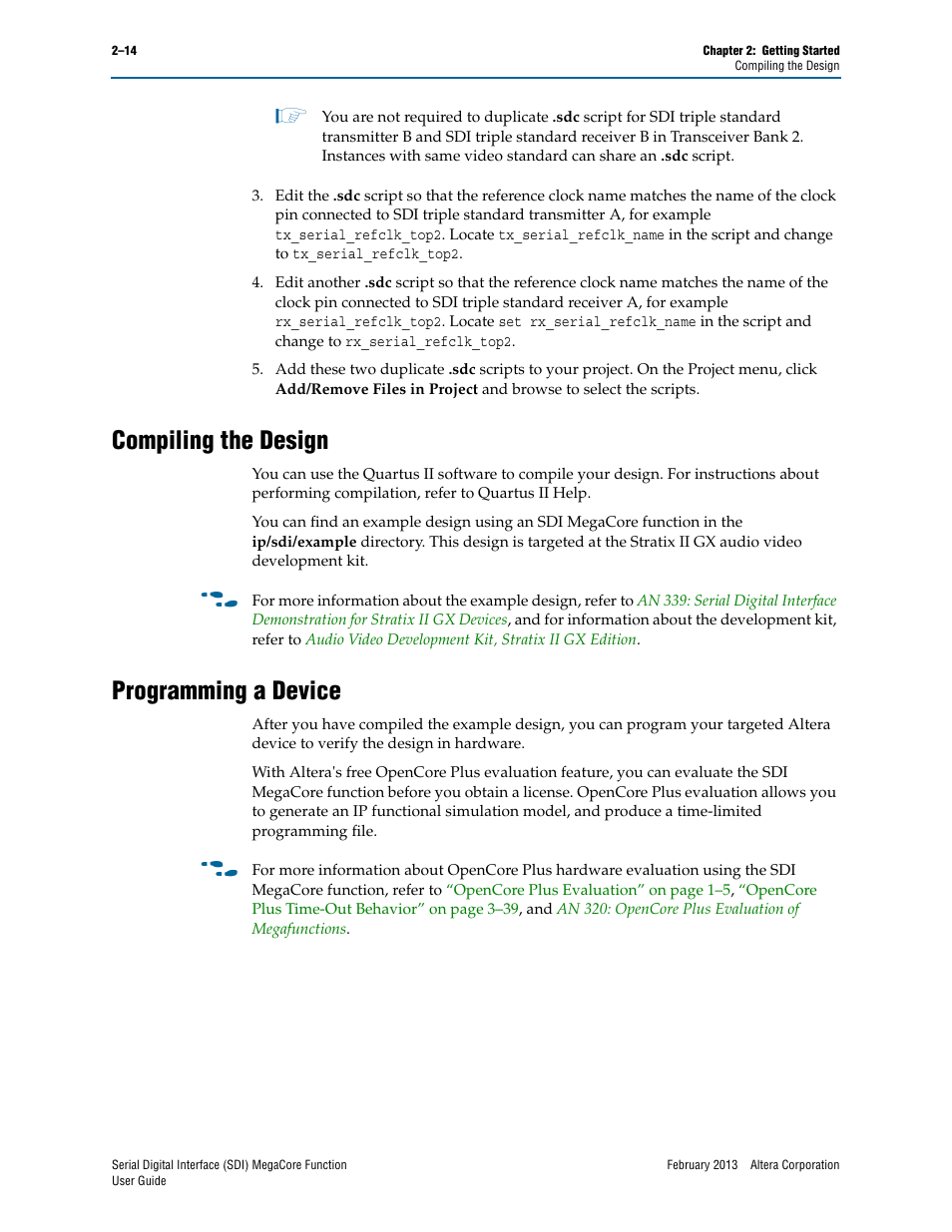 Compiling the design, Programming a device, Compiling the design –14 programming a device –14 | Altera Serial Digital Interface (SDI) MegaCore Function User Manual | Page 28 / 140
