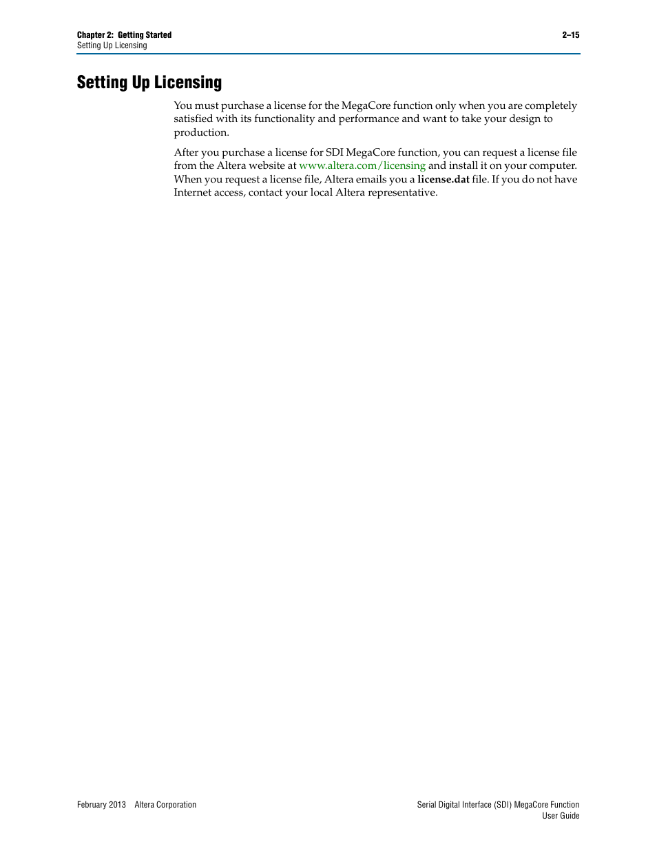 Setting up licensing, Setting up licensing –15 | Altera Serial Digital Interface (SDI) MegaCore Function User Manual | Page 29 / 140