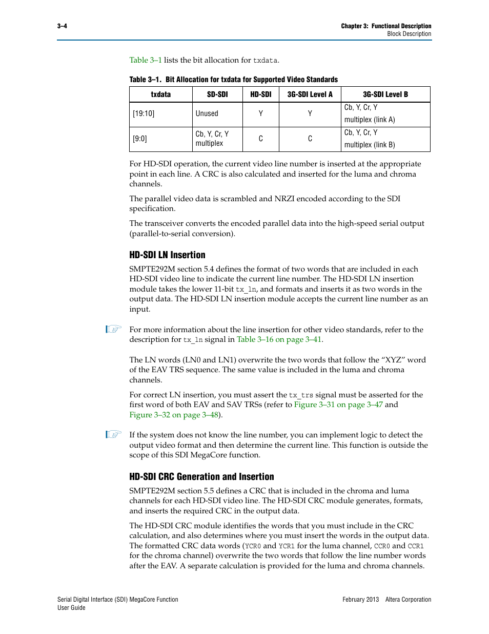 Hd-sdi ln insertion, Hd-sdi crc generation and insertion | Altera Serial Digital Interface (SDI) MegaCore Function User Manual | Page 34 / 140