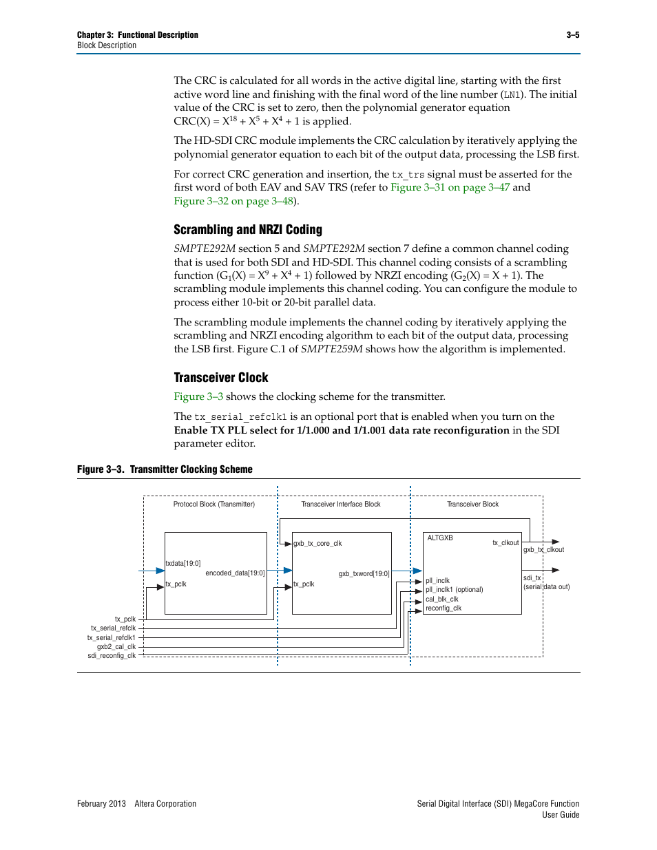 Scrambling and nrzi coding, Transceiver clock, Scrambling and nrzi coding –5 transceiver clock –5 | Altera Serial Digital Interface (SDI) MegaCore Function User Manual | Page 35 / 140