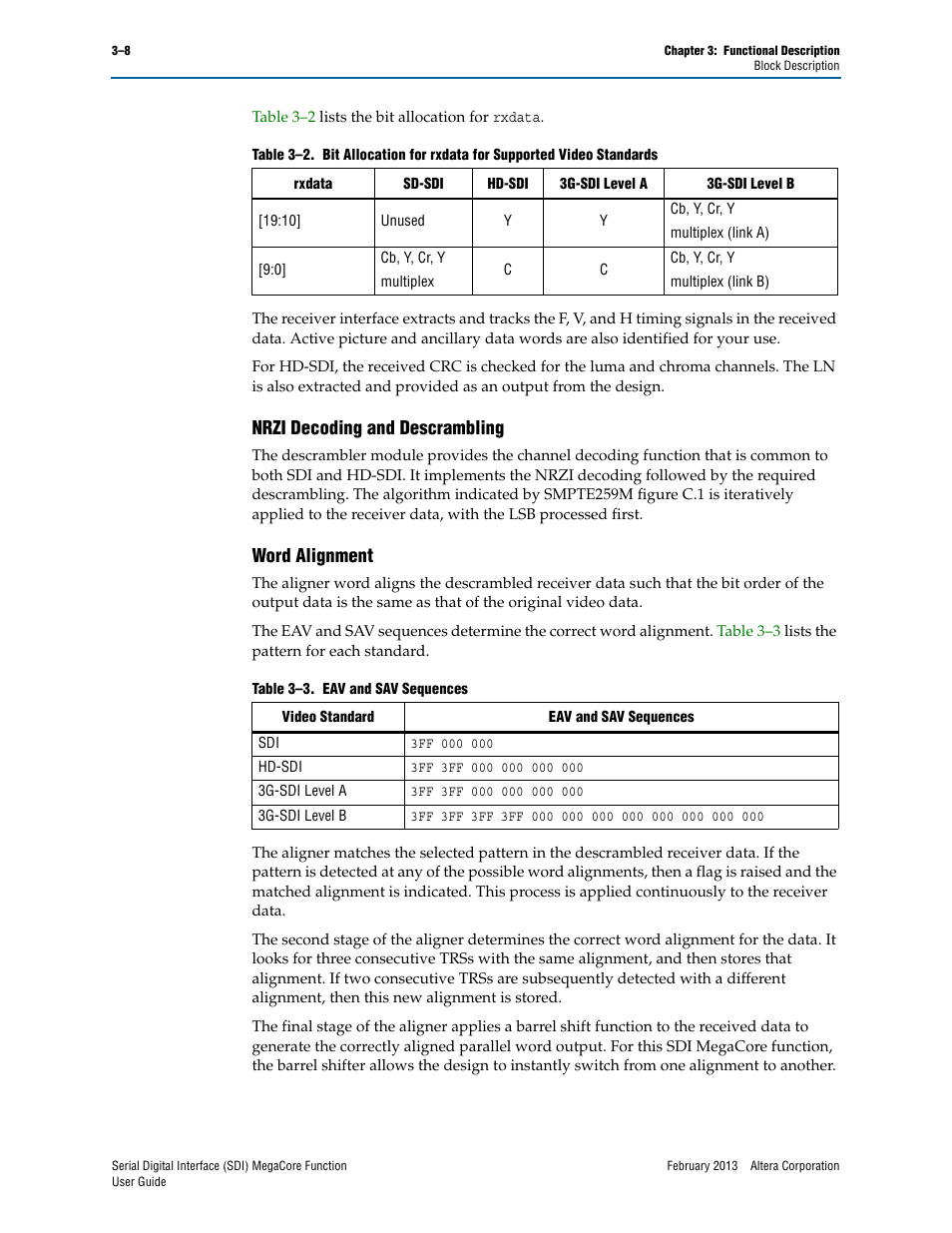 Nrzi decoding and descrambling, Word alignment | Altera Serial Digital Interface (SDI) MegaCore Function User Manual | Page 38 / 140