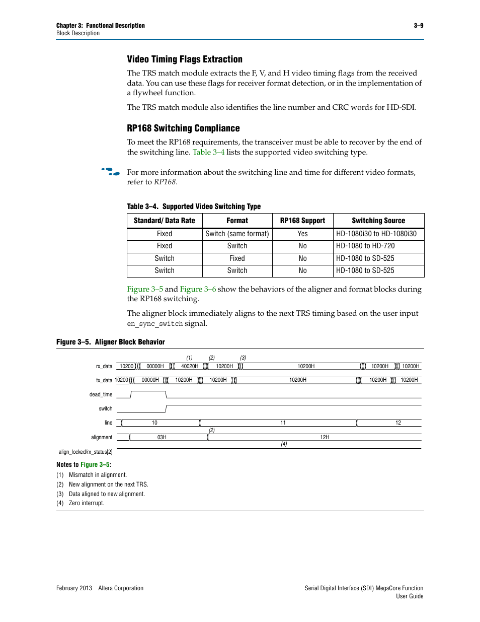Video timing flags extraction, Rp168 switching compliance | Altera Serial Digital Interface (SDI) MegaCore Function User Manual | Page 39 / 140