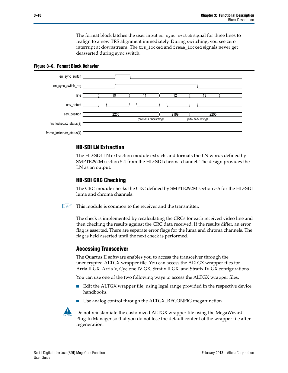 Hd-sdi ln extraction, Hd-sdi crc checking, Accessing transceiver | Figure 3–6, Show the behav | Altera Serial Digital Interface (SDI) MegaCore Function User Manual | Page 40 / 140