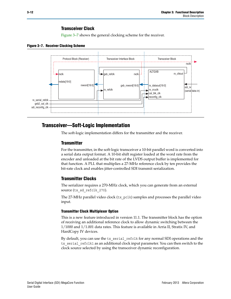 Transceiver clock, Transceiver—soft-logic implementation, Transmitter | Transmitter clocks, Transceiver clock –12, Transceiver—soft-logic implementation –12, Transmitter –12 transmitter clocks –12 | Altera Serial Digital Interface (SDI) MegaCore Function User Manual | Page 42 / 140