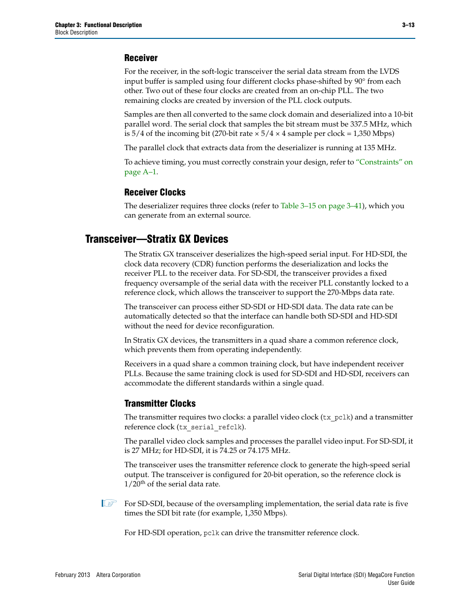 Receiver, Receiver clocks, Transceiver—stratix gx devices | Transmitter clocks, Receiver –13, Receiver clocks –13, Transceiver—stratix gx devices –13, Transmitter clocks –13 | Altera Serial Digital Interface (SDI) MegaCore Function User Manual | Page 43 / 140