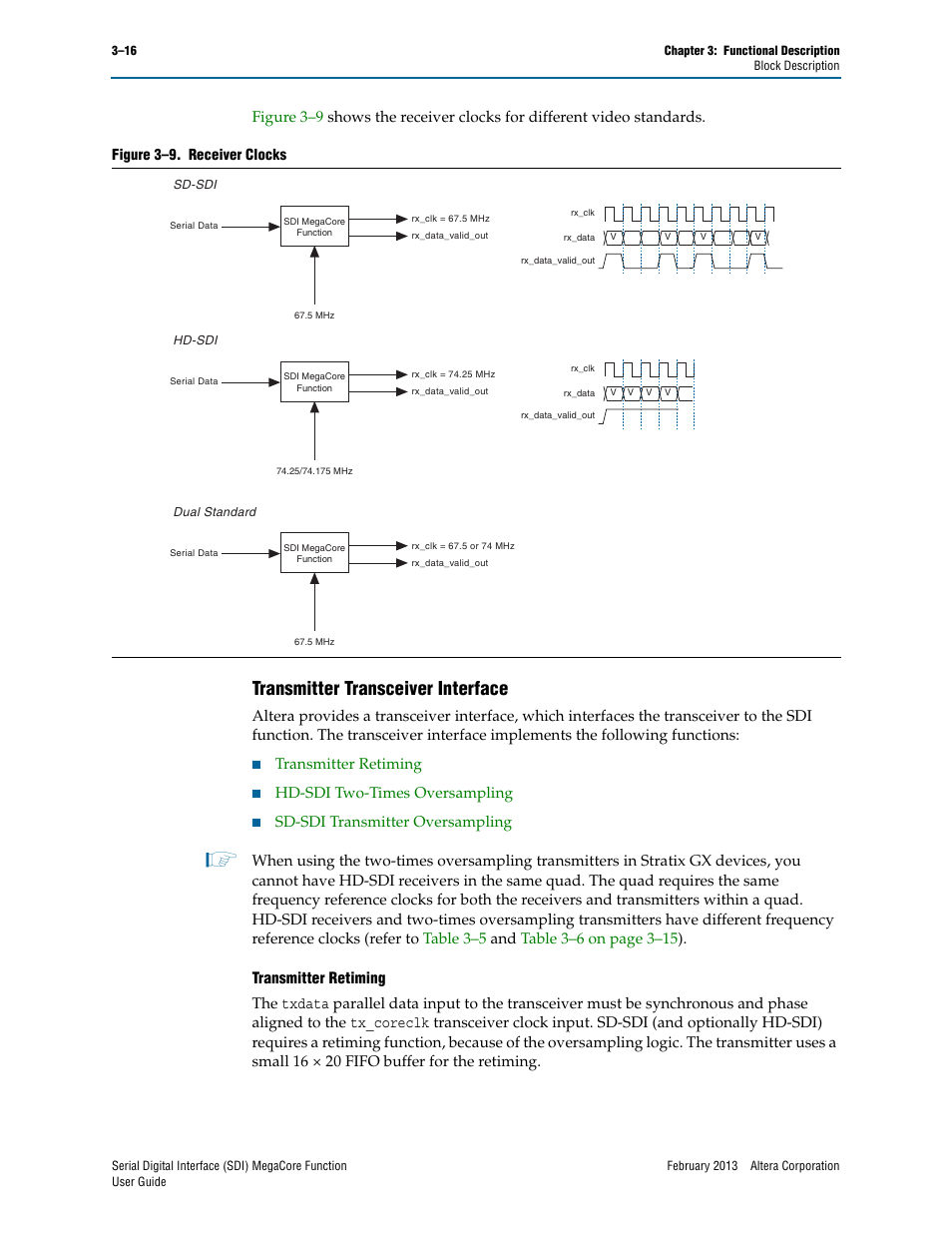 Transmitter transceiver interface, Transmitter transceiver interface –16, Transmitter retiming | Hd-sdi two-times oversampling | Altera Serial Digital Interface (SDI) MegaCore Function User Manual | Page 46 / 140