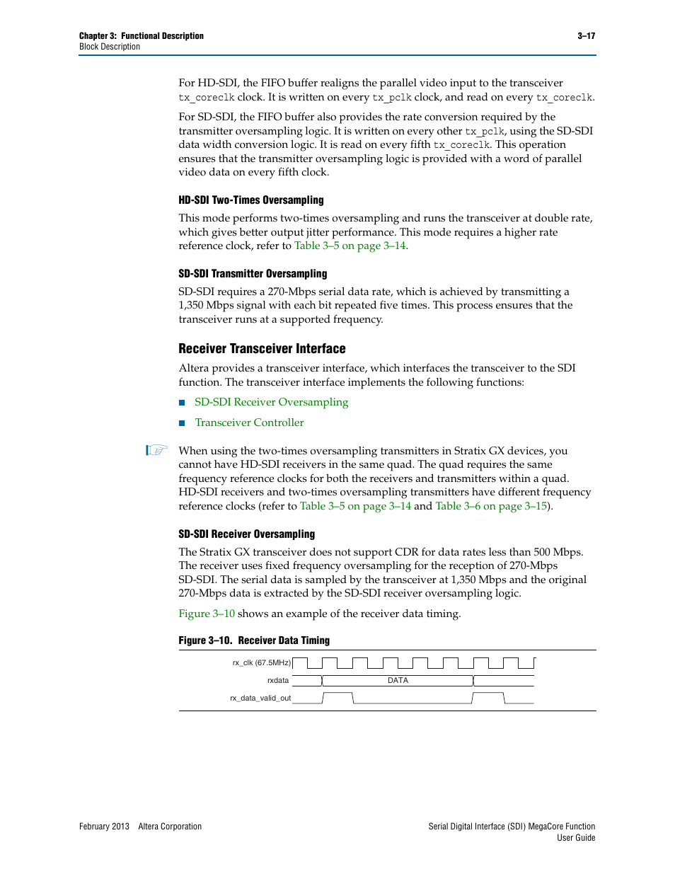 Receiver transceiver interface, Receiver transceiver interface –17 | Altera Serial Digital Interface (SDI) MegaCore Function User Manual | Page 47 / 140