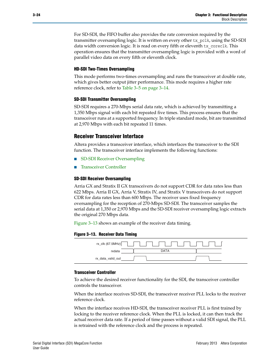 Receiver transceiver interface, Receiver transceiver interface –24, Hd-sdi two-times oversampling | Sd-sdi transmitter oversampling, Sd-sdi receiver oversampling, Transceiver controller | Altera Serial Digital Interface (SDI) MegaCore Function User Manual | Page 54 / 140