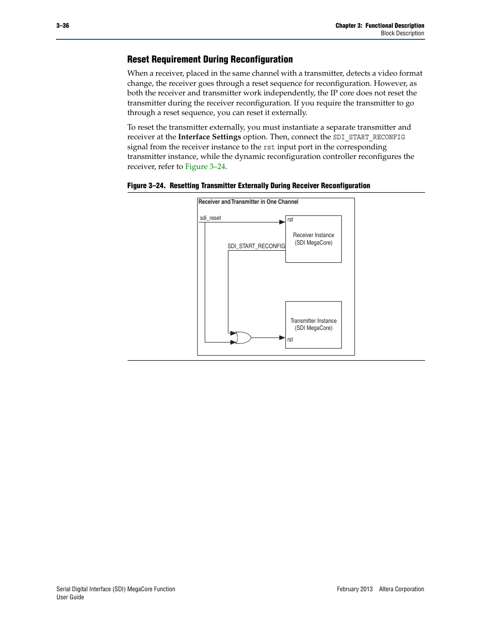 Reset requirement during reconfiguration, Reset requirement during reconfiguration –36 | Altera Serial Digital Interface (SDI) MegaCore Function User Manual | Page 66 / 140
