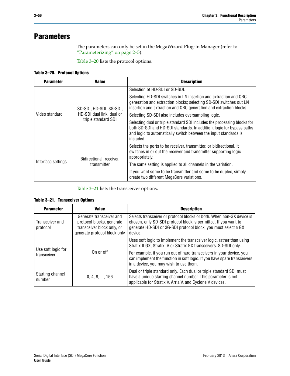 Parameters, Parameters –56, And, for | Fer to | Altera Serial Digital Interface (SDI) MegaCore Function User Manual | Page 86 / 140
