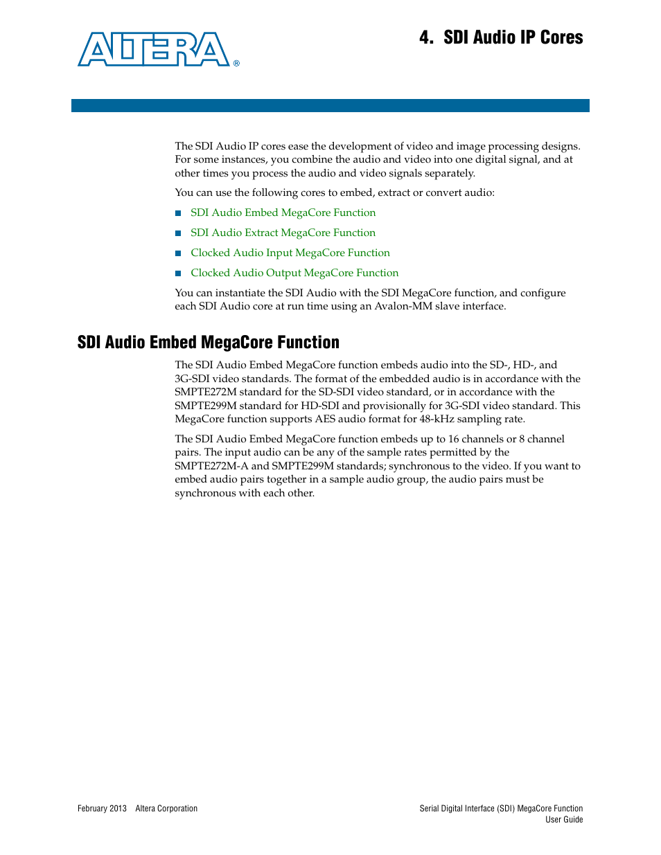 Sdi audio ip cores, Sdi audio embed megacore function, Chapter 4. sdi audio ip cores | Sdi audio embed megacore function –1, Sdi audio ip cores” on | Altera Serial Digital Interface (SDI) MegaCore Function User Manual | Page 89 / 140