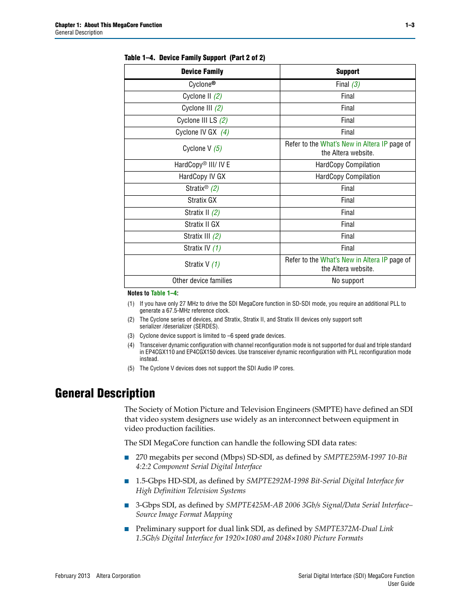 General description, General description –3 | Altera Serial Digital Interface (SDI) MegaCore Function User Manual | Page 9 / 140