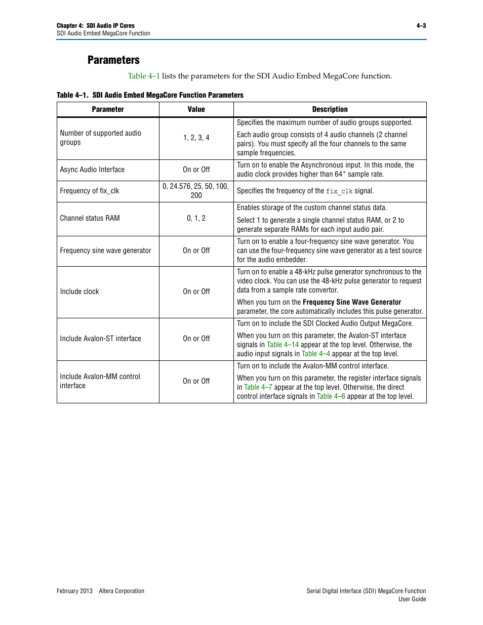 Parameters, Parameters –3 | Altera Serial Digital Interface (SDI) MegaCore Function User Manual | Page 91 / 140