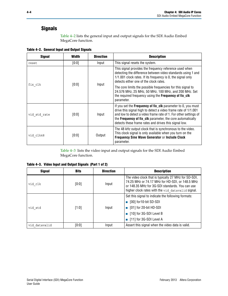Signals, Signals –4 | Altera Serial Digital Interface (SDI) MegaCore Function User Manual | Page 92 / 140