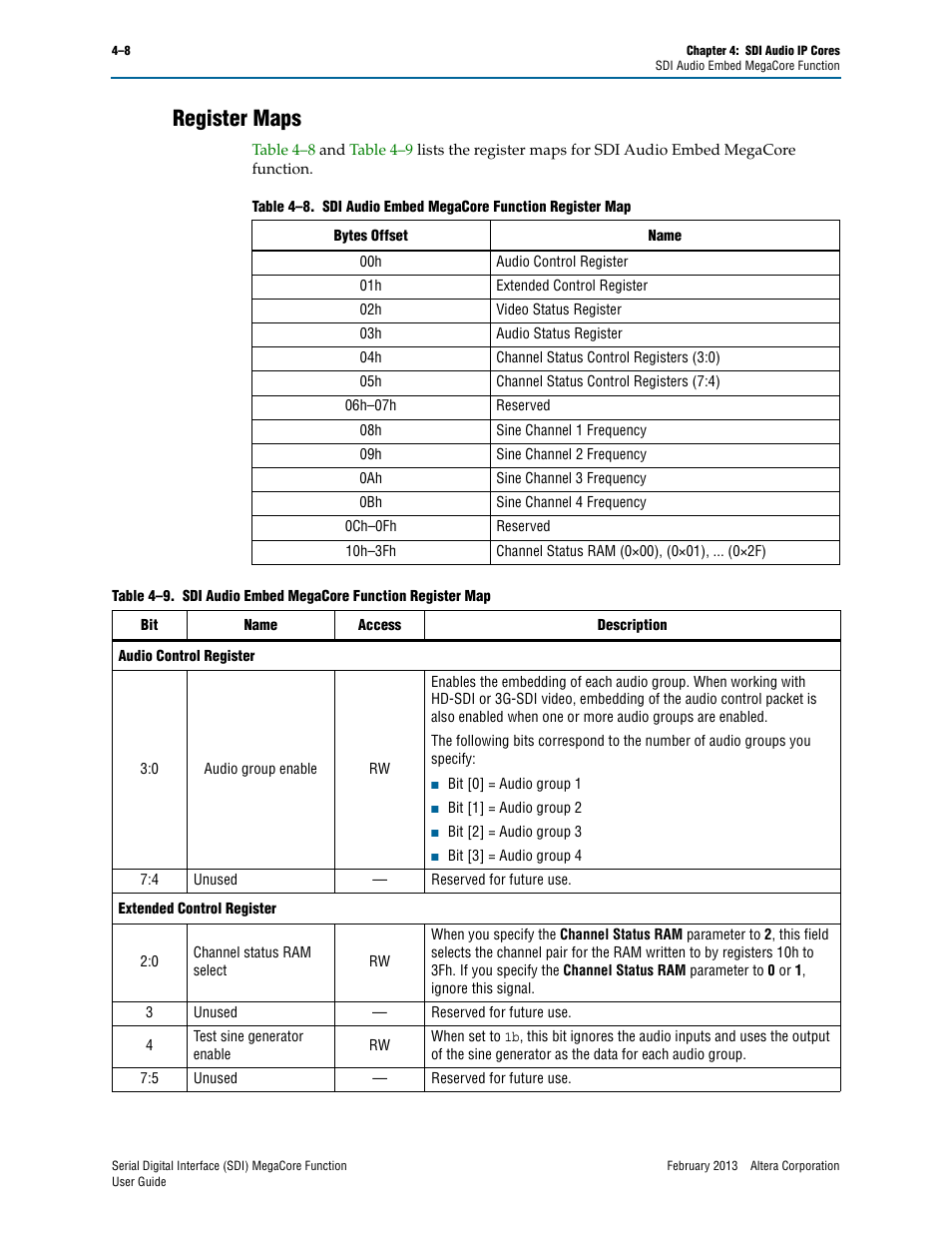 Register maps, Register maps –8, Table 4–9 | Altera Serial Digital Interface (SDI) MegaCore Function User Manual | Page 96 / 140