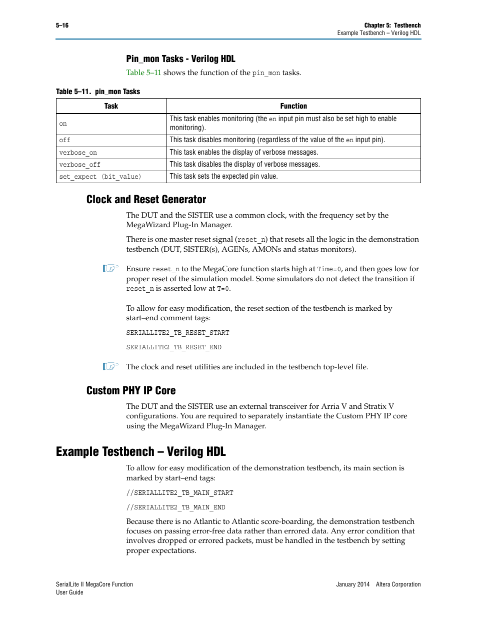 Pin_mon tasks - verilog hdl, Clock and reset generator, Custom phy ip core | Example testbench – verilog hdl, Pin_mon tasks - verilog hdl –16, Example testbench – verilog hdl –16 | Altera SerialLite II IP Core User Manual | Page 102 / 110