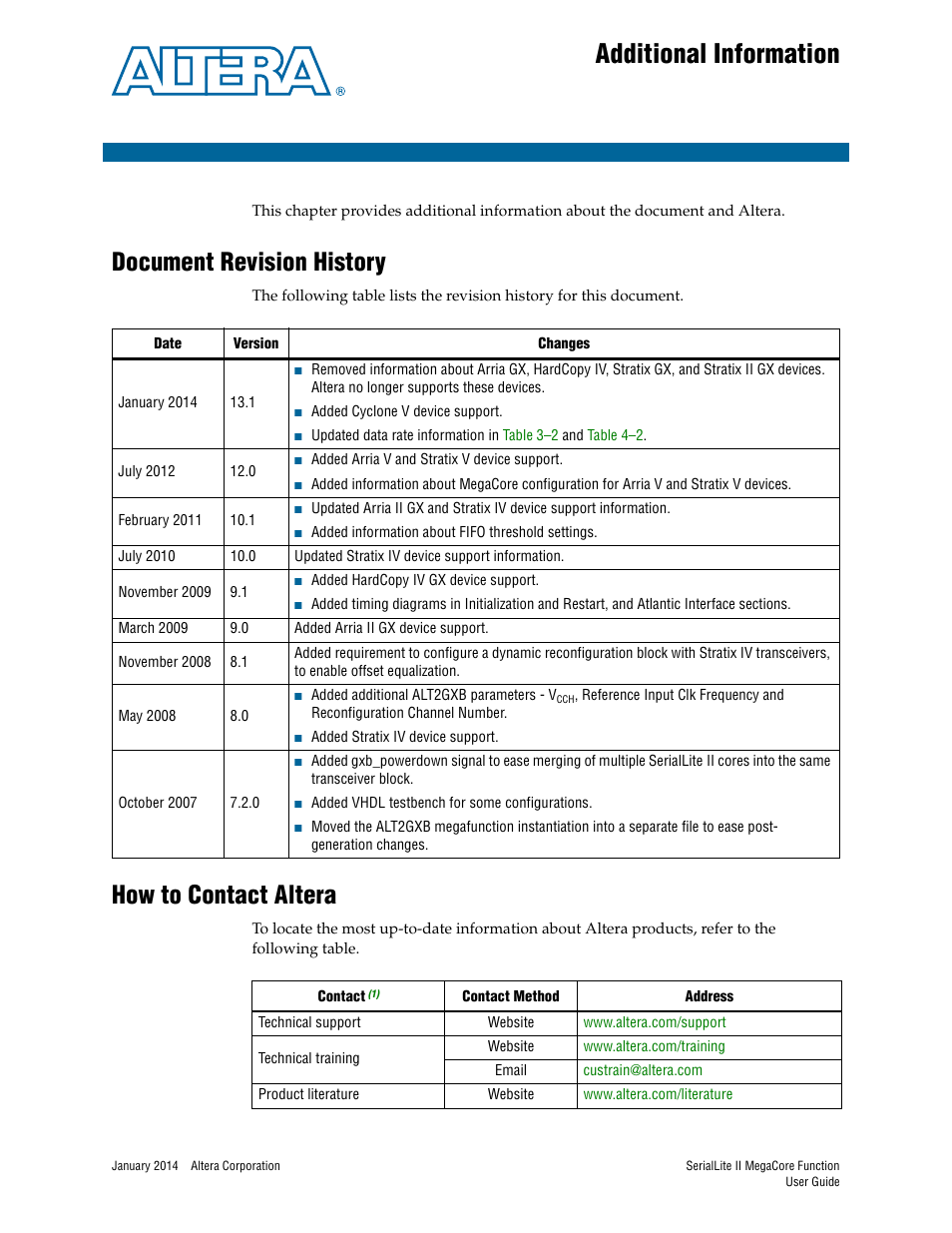 Additional information, Document revision history, How to contact altera | Altera SerialLite II IP Core User Manual | Page 108 / 110