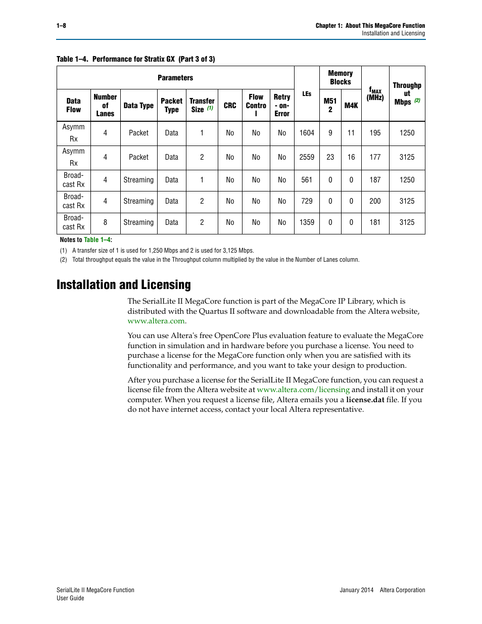 Installation and licensing, Installation and licensing –8, Size | Altera SerialLite II IP Core User Manual | Page 13 / 110