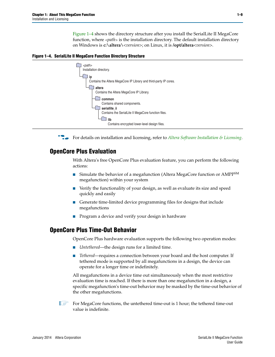 Opencore plus evaluation, Opencore plus time-out behavior | Altera SerialLite II IP Core User Manual | Page 14 / 110