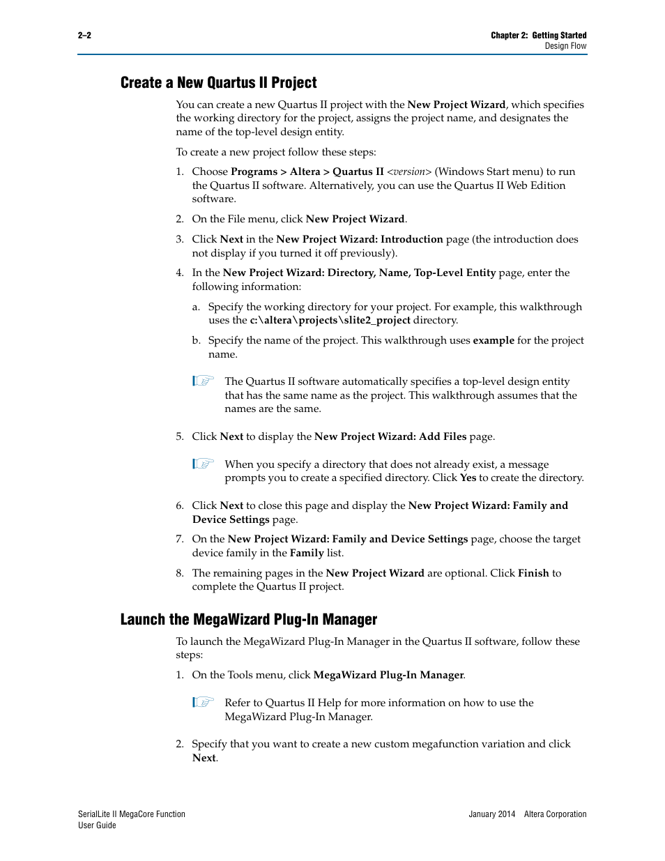 Create a new quartus ii project, Launch the megawizard plug-in manager | Altera SerialLite II IP Core User Manual | Page 17 / 110