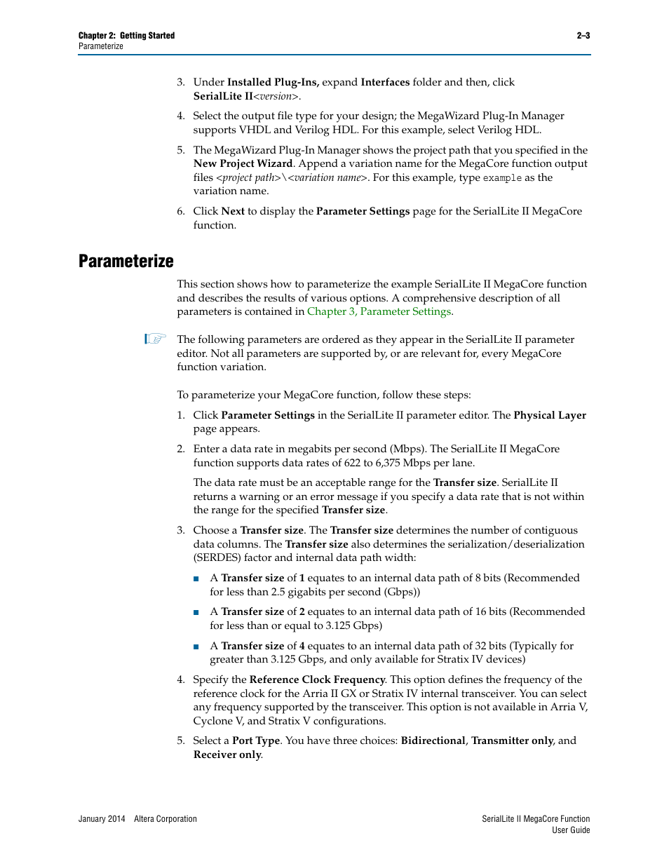 Parameterize, Parameterize –3 | Altera SerialLite II IP Core User Manual | Page 18 / 110