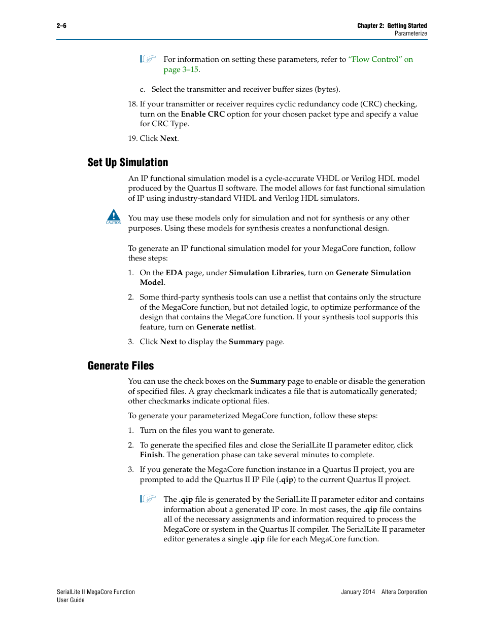 Set up simulation, Generate files, Set up simulation –6 generate files –6 | Altera SerialLite II IP Core User Manual | Page 21 / 110