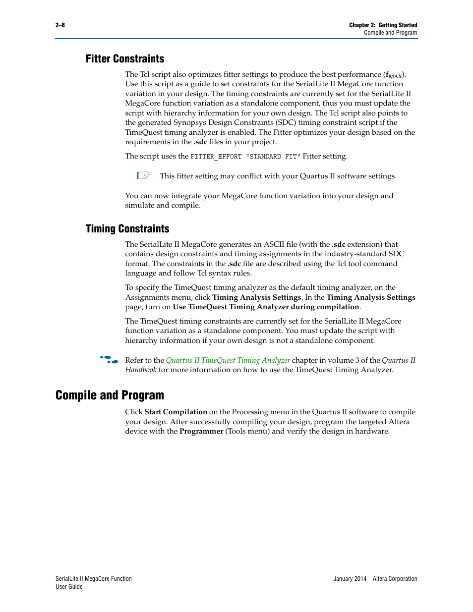 Fitter constraints, Timing constraints, Compile and program | Fitter constraints –8 timing constraints –8, Compile and program –8 | Altera SerialLite II IP Core User Manual | Page 23 / 110