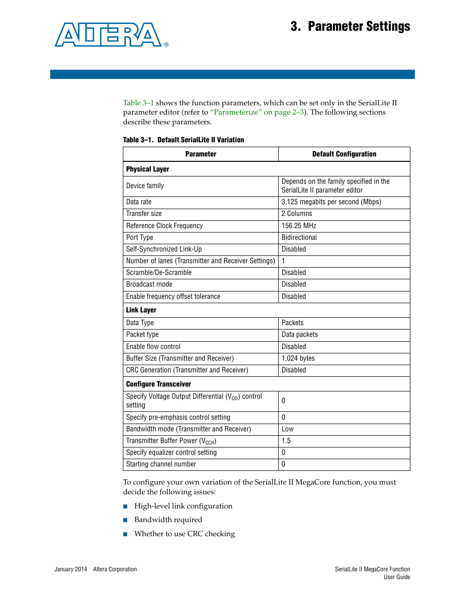 Parameter settings, Chapter 3. parameter settings | Altera SerialLite II IP Core User Manual | Page 24 / 110