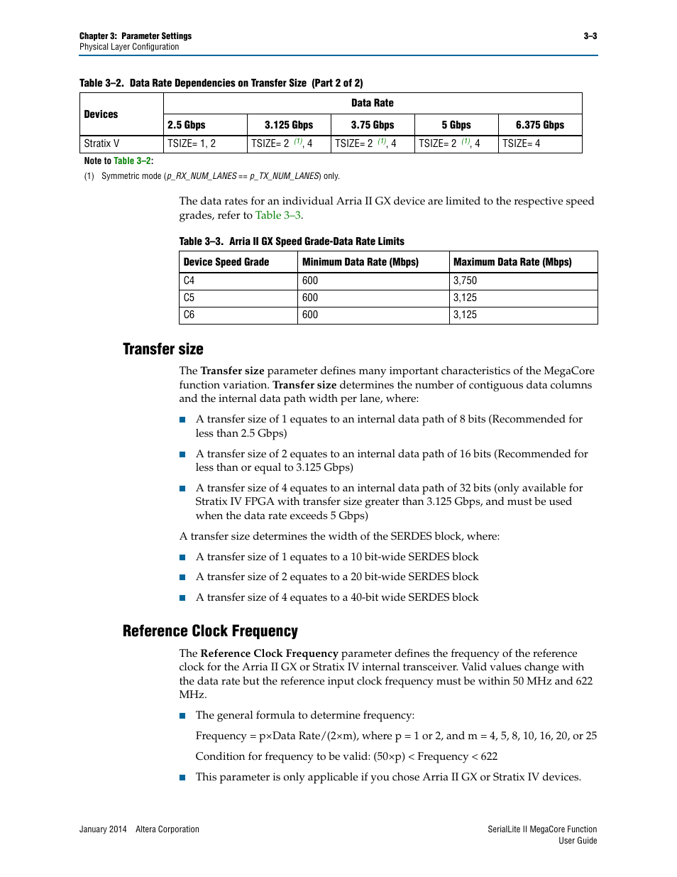 Transfer size, Reference clock frequency, Transfer size –3 reference clock frequency –3 | Size= 2 | Altera SerialLite II IP Core User Manual | Page 26 / 110